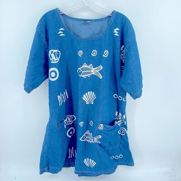 Vintage Magic 100% cotton fish seashell turtle stamped denim jean dresss sz 2XL - Picture 1 of 7
